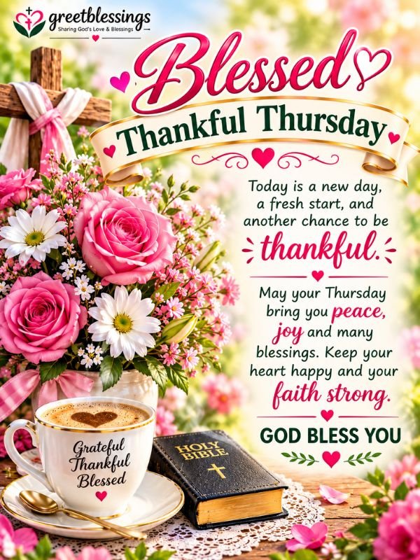 Beautiful Thursday blessings image with pink flowers, a Bible, coffee cup, and a thankful message.