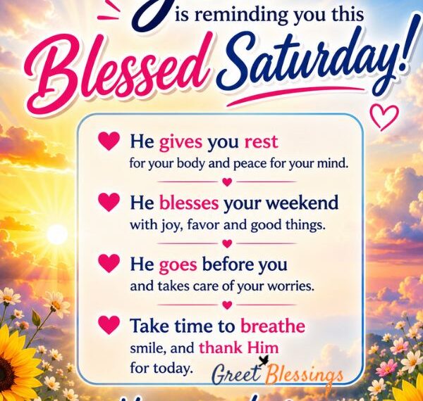 Positive Good Morning Saturday blessings image with bright sky, flowers, peaceful sunrise, and an inspiring weekend blessing message.