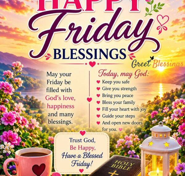 Beautiful Good Morning Friday Blessings image featuring a sunrise, coffee cup, flowers, and uplifting prayers for peace, joy, faith, and God's blessings.