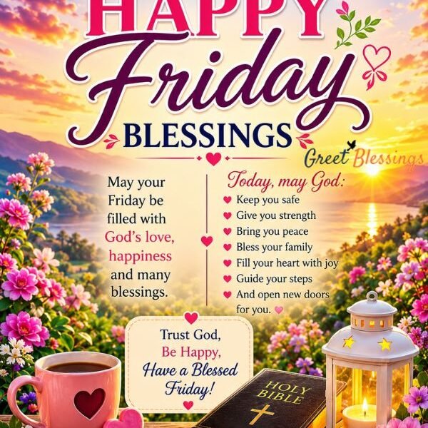 Beautiful Good Morning Friday Blessings image featuring a sunrise, coffee cup, flowers, and uplifting prayers for peace, joy, faith, and God's blessings.