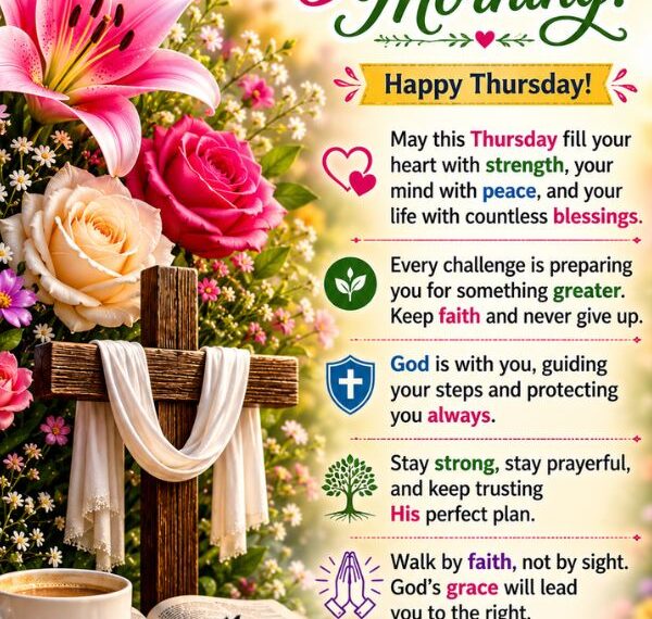 Beautiful Good Morning Thursday blessings image featuring flowers, a cross, faith-filled quotes, and inspiring Thursday wishes. Good Morning and happy thursday, God bless you.