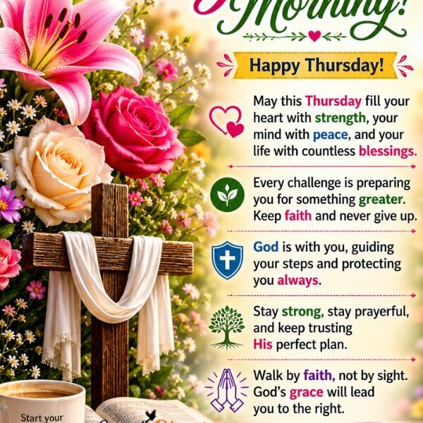 Beautiful Good Morning Thursday blessings image featuring flowers, a cross, faith-filled quotes, and inspiring Thursday wishes. Good Morning and happy thursday, God bless you.