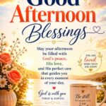 Good afternoon blessings image with a peaceful sunset, flowers, coffee mug, and an inspiring quote about God's peace, love, and care.