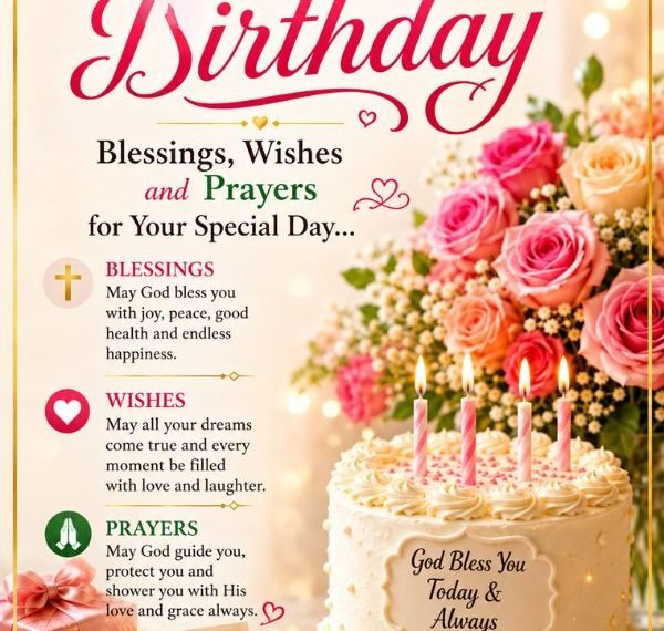 Sweet happy birthday blessings with beautiful wishes, prayers, flowers, cake, and candles.