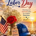 Happy Labor Day image with American flag, flowers, hard hat, and work tools at sunset