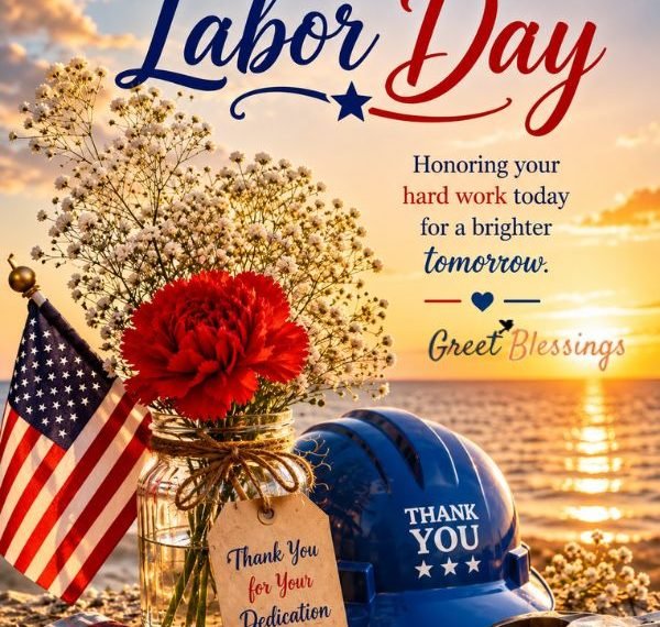 Happy Labor Day image with American flag, flowers, hard hat, and work tools at sunset