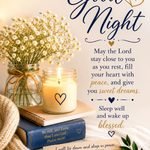Delightful good night blessings with a peaceful prayer, candle, flowers, and Bible verse.