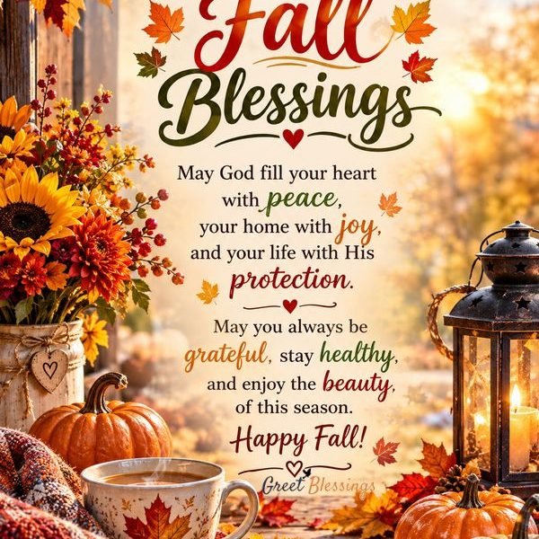 Happy Fall blessings image with autumn leaves, pumpkins, flowers, coffee, and a warm prayer
