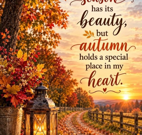 Short fall saying on a beautiful autumn sunset with colorful leaves, a lantern, and country road.