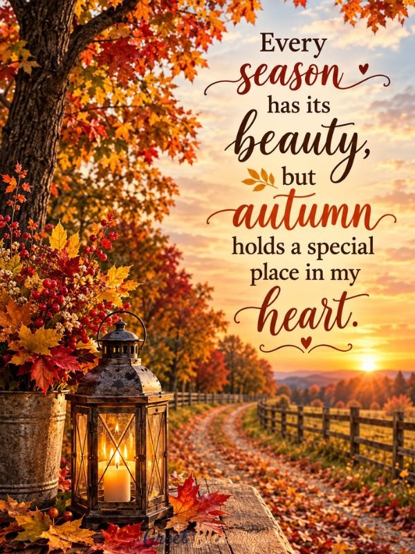 Short fall saying on a beautiful autumn sunset with colorful leaves, a lantern, and country road.